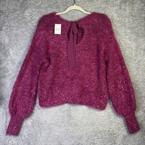NWT Pink CATO Sparkly Back Bow Balloon Sleeved Sweater Women's Small NYE